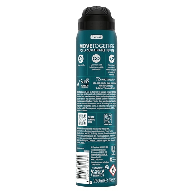 Sure Men Nonstop Sensitive Aerosol 250ml Back of pack